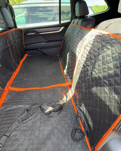 PUPDECK Back Seat Hammock installed, side flaps down over the doors